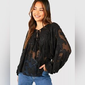 Black sheer burnout floral boho blouse